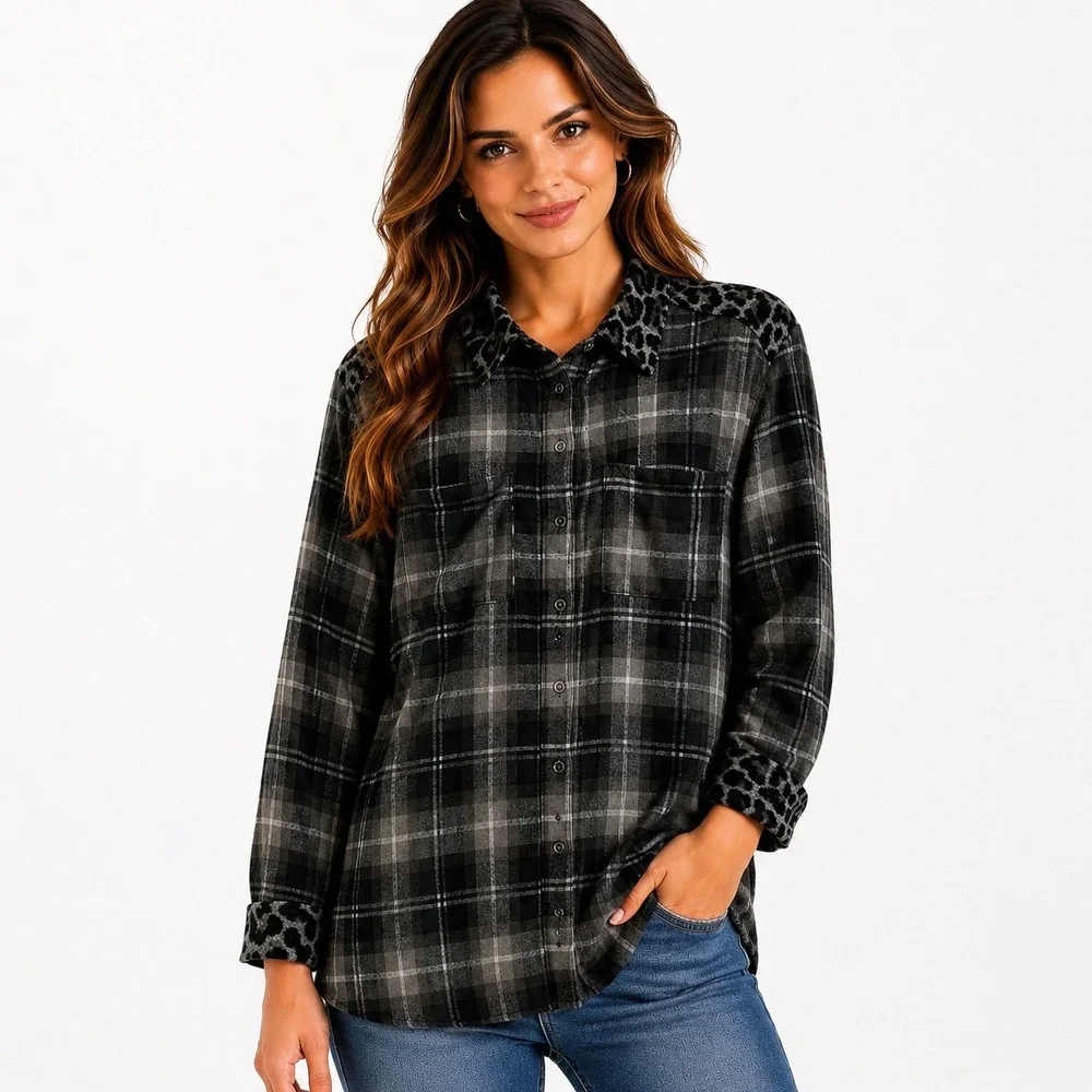 Susan Graver Whimsigoth Corduroy Shirt‎ Women SP Black Plaid Animal Print Trim